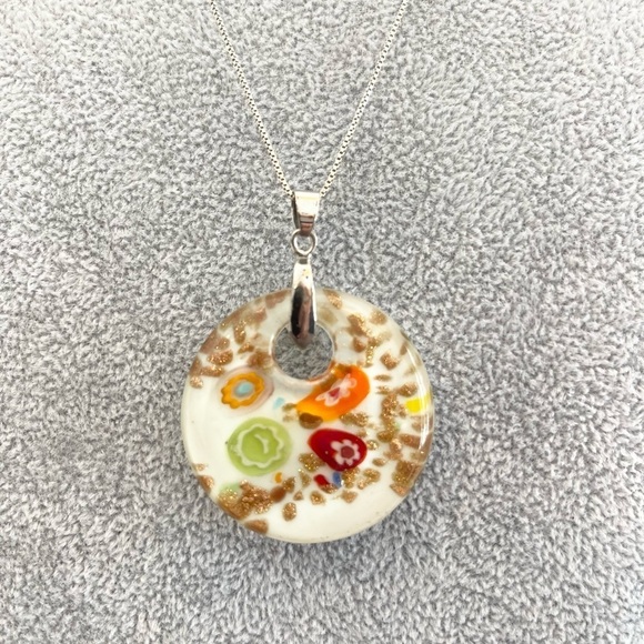 Murano Jewelry - 925 Italy Sterling Silver Box Chain With Hand Blown Murano Art Glass Pendent